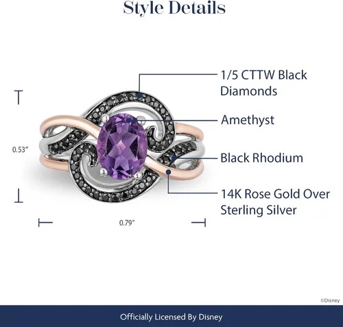 Vista 4 de Jewelili Enchanted Disney Fine Jewelry - Anillo de oro rosa de 14 quilates sobre plata de ley, rodio negro con 15 quilates y amatista