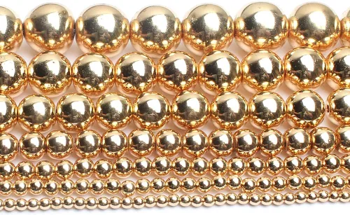 Vista 2 de Cuentas de hematita de oro de 14K, cuentas sueltas redondas para hacer joyas, pulseras y collares de bricolaje, cuentas de 6 mm/60 piezas