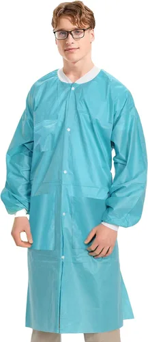 Vista 2 de 10 abrigos de laboratorio desechables Abrigo de laboratorio reutilizable duradero de 1.76 oz SMS hasta la rodilla con puños y bolsillos de punto
