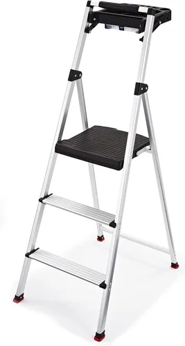 Vista 13 de Rubbermaid Escalera de 2 escalones, Taburete Escalón Plegable Ligero de Aluminio con Superficie Superior para Proyectos, Plateado, Probado según