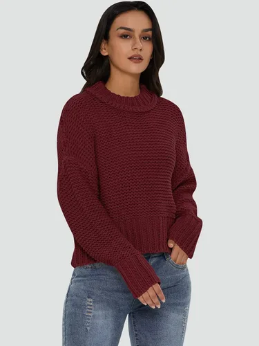 Vista 4 de DEEP SELF Suéter de punto grueso con cuello redondo para mujer, manga larga, holgado, para otoño, color liso