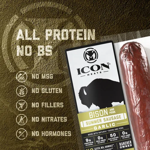 Vista 4 de ICON Meats Bison & Pork Summer Sausage, Garlic Flavor, High Protein, 4 Pack 9g Protein, Keto & Low Carb, Sugar Free, Gluten Free, Paleo