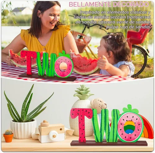 Vista 3 de Letrero de madera de sandía de dos letras para mesa de bebé de dos años, decoraciones de fiesta de segundo cumpleaños, suministros de fiesta