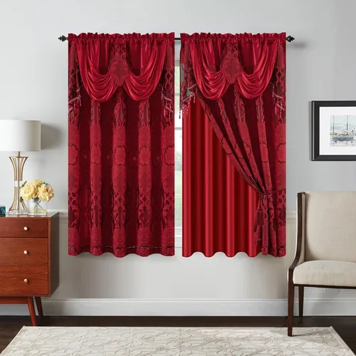 Vista 20 de Petrichor Cortinas de gasa jacquard transparente borgoña (54 pulgadas de ancho x 63 pulgadas de largo), 2 paneles con cenefa adjunta, diseño floral