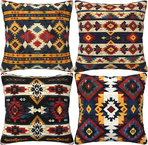 Vista 9 de Southwestern - Juego de 4 fundas de almohada de 18 x 18 pulgadas, almohadas decorativas geométricas aztecas bohemias para sofá, fundas de cojín