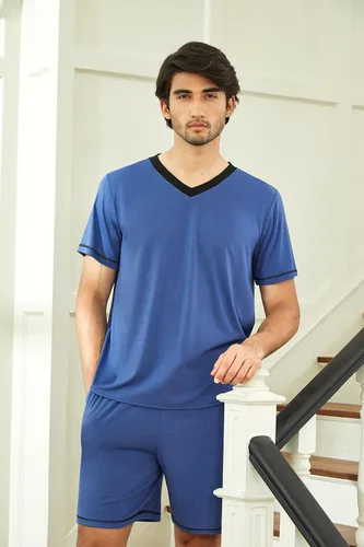 Vista 3 de Ekouaer Conjunto de pijama para hombre, manga corta, cuello en V, 2 piezas, pantalones cortos con bolsillos, ropa de dormir de verano para hombre