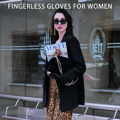 Vista 6 de OurHonor Guantes negros sin dedos para hombres y mujeres, guantes de cuero sintético de Halloween, medio dedo, para conducción, disfraz deportivo