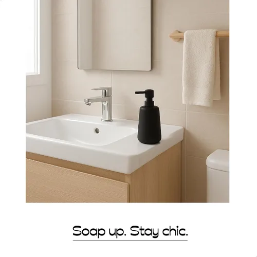 Vista 4 de Dispensador de jabón de cerámica negro mate, dispensador recargable de encimera de baño o cocina de 13 onzas con revestimiento de goma suave al tacto