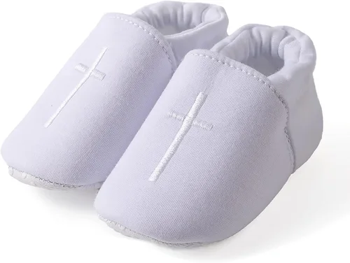 Vista 5 de KESICI Zapatos de bautismo para bebés niños y niñas, zapatos de bautizo blancos para recién nacidos con cruz bordada para bebés niños y niñas