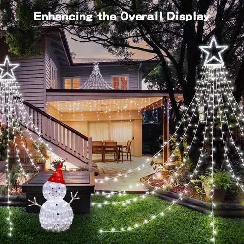 Vista 2 de BlcTec Luces de Navidad para exteriores, 317 luces LED de estrella de Navidad con 9 hebras de luces de árbol de cascada de 11.9 pies, 8 modos
