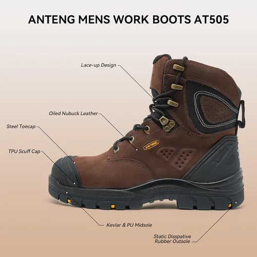 Vista 2 de Botas de trabajo para hombre, piel nobuck aceitada, puntera de acero, zapatos de trabajo para hombre, zapatos de protección antideslizantes