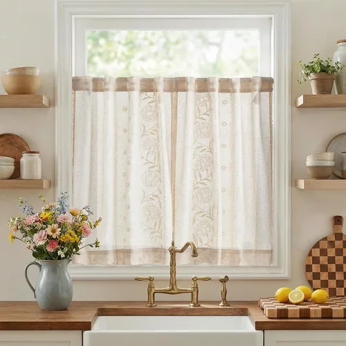 Vista 34 de jinchan Cortinas de lino floral beige para cocina, 24 pulgadas, 2 paneles A Beige