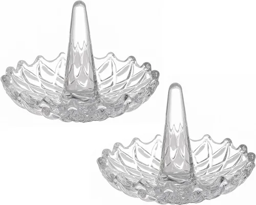Vista 5 de MyGift Cono de cristal transparente con bandeja, soporte para anillo de boda de compromiso con diseño redondo de explosión de estrellas, plato