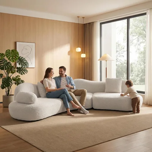 Vista 20 de SSC SATITUNCASA - Sofá modular curvo de 102.36 pulgadas, acogedor sofá Boucle para sala de estar, sofá de 4 plazas color crema con almohadas, sofá