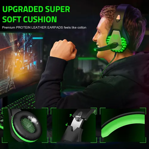 Vista 5 de Pacrate Auriculares para juegos con micrófono para Switch PC, PS4, PS5, Xbox One, cancelación de ruido, auriculares para juegos con luces LED