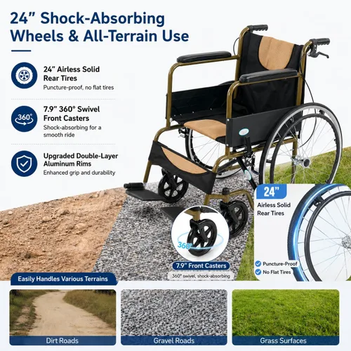 Vista 3 de Silla de ruedas plegable ligera para adultos, silla de ruedas autopropulsada de 24 pulgadas para adultos con frenos de mano duales, silla de ruedas