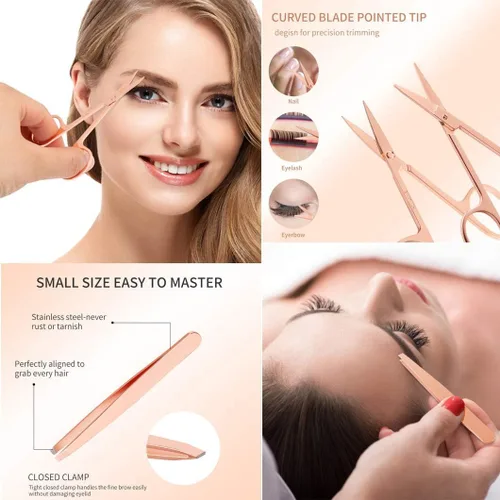 Vista 3 de Arroyner Herramienta aplicadora de pestañas 5 piezas, aplicador de pestañas postizas, rizador de cejas, tijeras de cejas (oro rosa)