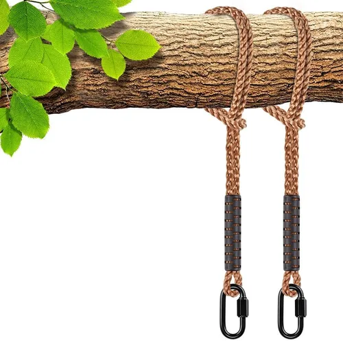 Vista 9 de SELEWARE Correas de hamaca de 2 pies, cuerda de columpio de árbol con mosquetón Kit de extensión beige, fácil instalación, soporta columpios