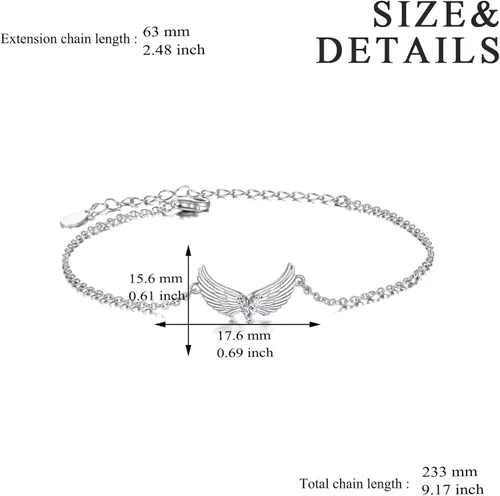 Vista 4 de YFN - Pulsera de alas de ángel de la guarda de plata de ley con forma de corazón para mujeres y niñas