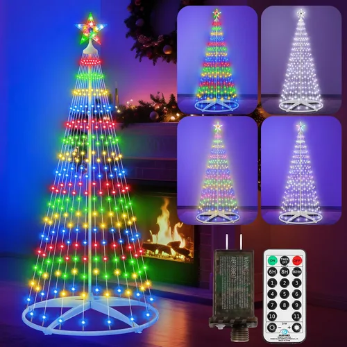 Vista 11 de Árbol de Navidad iluminado con conos, 250 luces LED de 1.8 m con 11 modos de iluminación, temporizador, control remoto, árbol artificial de Navidad