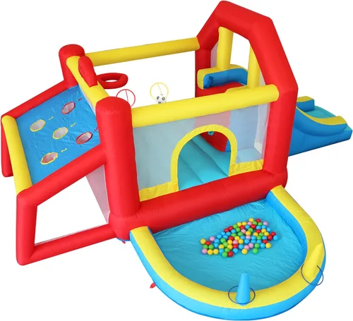 Vista 9 de Casa inflable de rebote para niños de 9 en 1 con tobogán alto, piscina de pelotas, juego de fútbol de habilidad, juego de sacos de arena