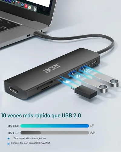 Vista 3 de Acer USB C Hub, Dock USB-C a HDMI 7 en 1, 2 USBA 3.1 GEN1 y puerto de datos Type-C de 5Gbps, puerto HDMI 4K, carga PD de 100W, lector de tarjetas