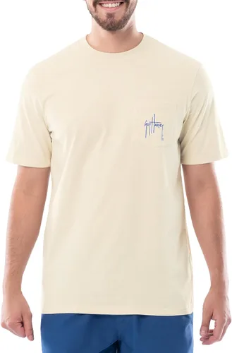 Vista 2 de Guy Harvey Camiseta de manga corta con bolsillo gráfico de algodón OG para hombre Leche de Almendra/Rig Masters