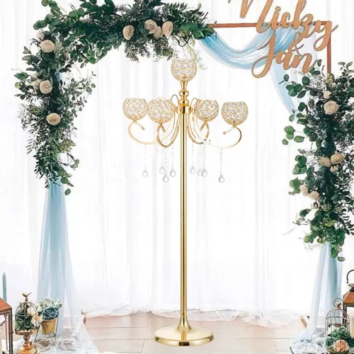Vista 8 de Candelabro dorado para centros de mesa, 45.3 pulgadas de alto con 5 ramas con soporte de candelabro de cuentas de cristal para boda, pasillo