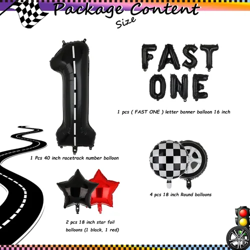 Vista 2 de Fast One 1st Racing Vintage Retro Car Theme Birthday Party Letter Banner Globo 40 Pulgadas Racetrack Número Globos 1 Negro Carreras Coche Fiesta