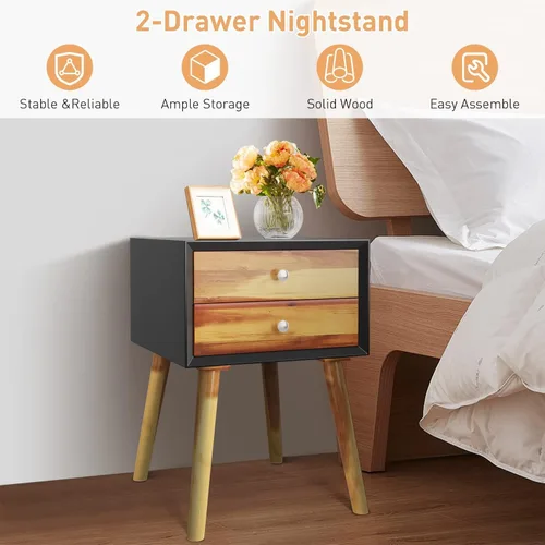 Vista 5 de Mesita de noche de 23.5 pulgadas con 2 cajones, mesa auxiliar de madera para sala de estar, muebles de dormitorio