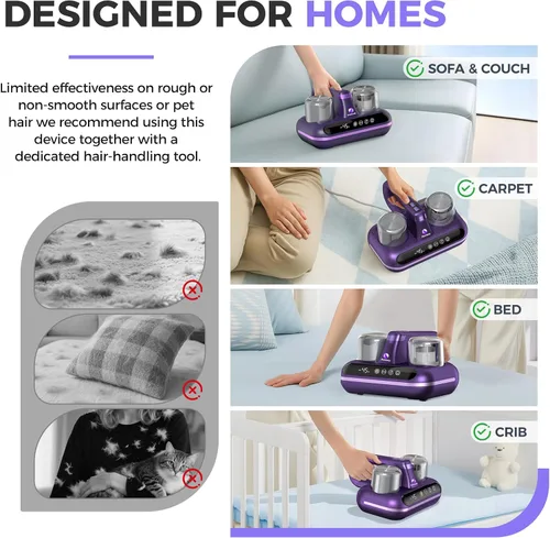 Vista 6 de Amzany Aspirador de colchón – Aspirador de cama inalámbrico 5 en 1, alimentado por luz UV-C y tecnología ultrasónica, succión fuerte de 16 Kpa, bajo