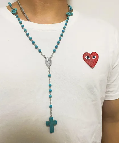 Vista 6 de Collar de cuentas largas con colgante para mujeres y hombres, cuentas de cristal turquesa, rosario católico, medalla de Santa María, cruz milagrosa