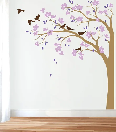 Vista 12 de Adhesivo decorativo para pared de árbol de esquina grande con flores grandes, pájaros y hojas para cuarto de bebé, mural 087