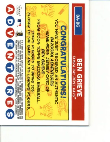 Vista 2 de 2004 Topps Bazooka Adventures Relics #BA-BG Ben Grieve Jersey NM-MT MEM Tampa Bay Devil Rays Baseball MLB
