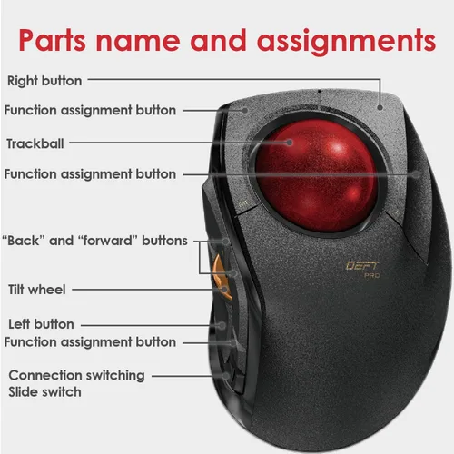 Vista 7 de ELECOM DEFT PRO - Ratón de Trackball inalámbrico Bluetooth control de dedos diseño ergonómico función de 8 botones sensor óptico de juegos bola roja