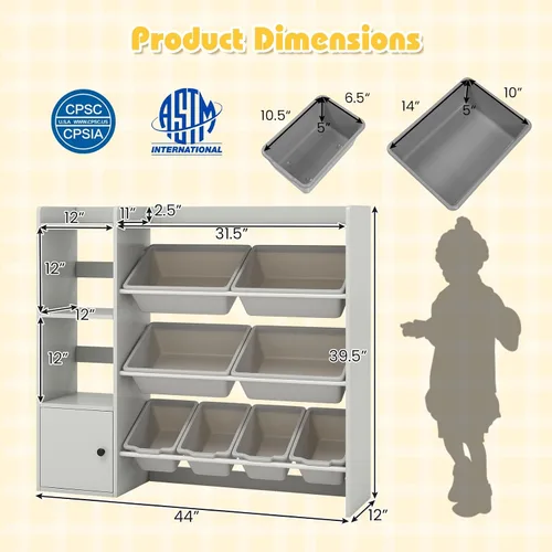Vista 2 de Costzon Organizador de almacenamiento de juguetes para niños con 8 contenedores, estantería de madera para niños pequeños con estantes abiertos