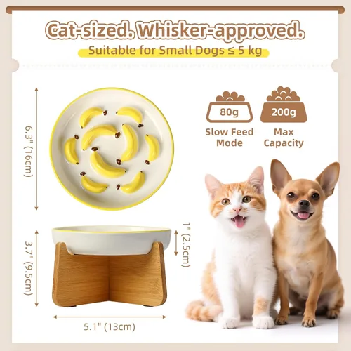 Vista 2 de Cuenco elevado para gatos de alimentación lenta – Plato de cerámica para gatos con soporte de bambú antideslizante – Tazón de alimentación apto