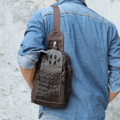 Vista 9 de QAZWSXE Bolso cruzado de cuero para hombre, bolso bandolera de hombro, bolsas casuales para el pecho, para viajes, senderismo, mochilas, 11 - café