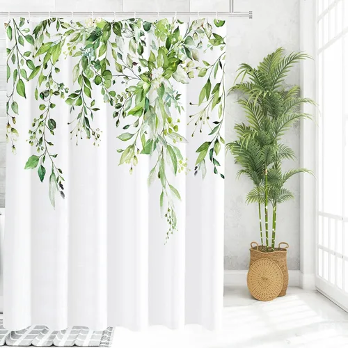 Vista 93 de Tititex - Juego de cortinas de ducha de eucalipto negro, hojas de acuarela gris en la parte superior, con decoración floral de baño, 60 x 72