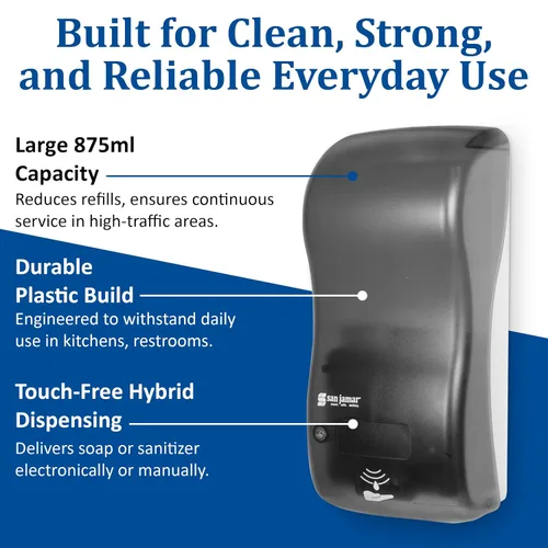 Vista 4 de San Jamar Classic Rely - Dispensador electrónico híbrido de jabón líquido y loción, dispensador de desinfectante de manos para baño, cocina, baños