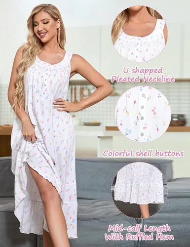 Vista 4 de MZROCR Camisones de algodón para mujer, suave, sin mangas, para adultos, ropa de dormir con volantes