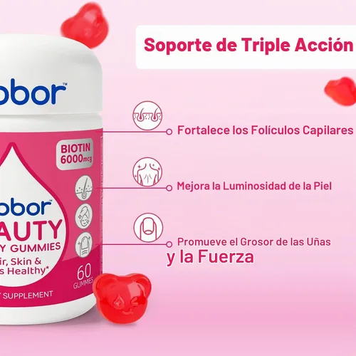Vista 4 de Biobor Gomitas para el cabello, piel y uñas, 6000 mcg de biotina