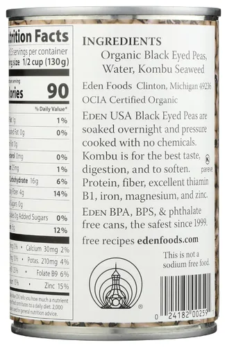Vista 2 de Eden Guisantes negros orgánicos, lata de 15 onzas, sin sal, sin OMG, sin gluten, vegano, kosher, cultivado en Estados Unidos, para calentar