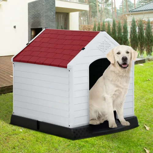 Vista 10 de Casa para perros para interiores y exteriores, impermeable, ventilada, de plástico, jaula de refugio para mascotas con ventilación y suelo elevado