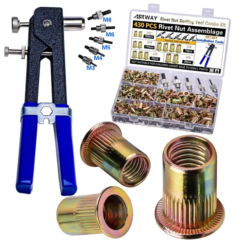 Vista 10 de Kit de herramientas de tuerca de remache a presión, 430 piezas de combinación de tuercas de remache métricas (M8/M6/M5/M4/M3), adecuado