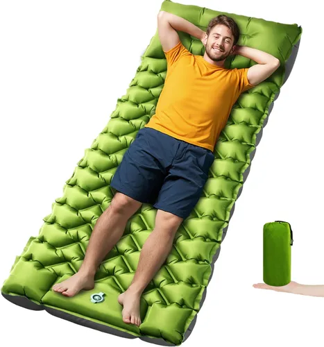 Vista 12 de Colchoneta para dormir, almohadilla de dormir compacta para acampar con almohada bomba de pie integrada, colchoneta inflable para viajes