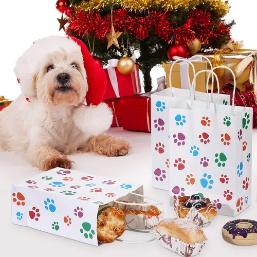 Vista 7 de Clabby 24 bolsas de regalo de papel con diseño de pata de perro, bolsa de papel con asas, recuerdos de fiesta de cachorros para gatos y mascotas