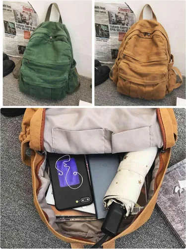 Vista 7 de Mochila de lona para mujer, mochila estética retro, mochila básica para estudiantes de secundaria/universidad, bolsa de viaje para laptop, Negro