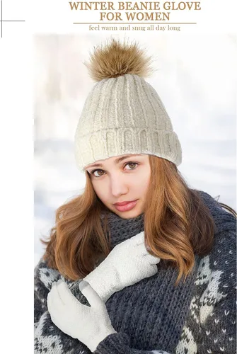 Vista 4 de 4 piezas mujeres invierno punto Beanie sombrero pantalla táctil guante conjunto grueso Chenille punto Pom sombrero sombrero caliente guantes