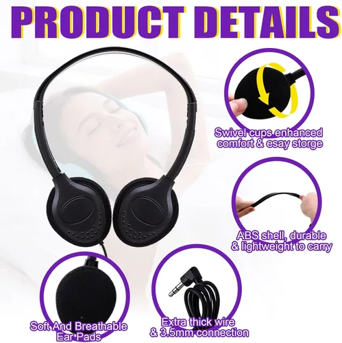 Vista 3 de Yunsailing Paquete de 10 auriculares con cable sobre la oreja a granel para estudiantes de aula escolar, diadema ajustable con conector de 0.138 in
